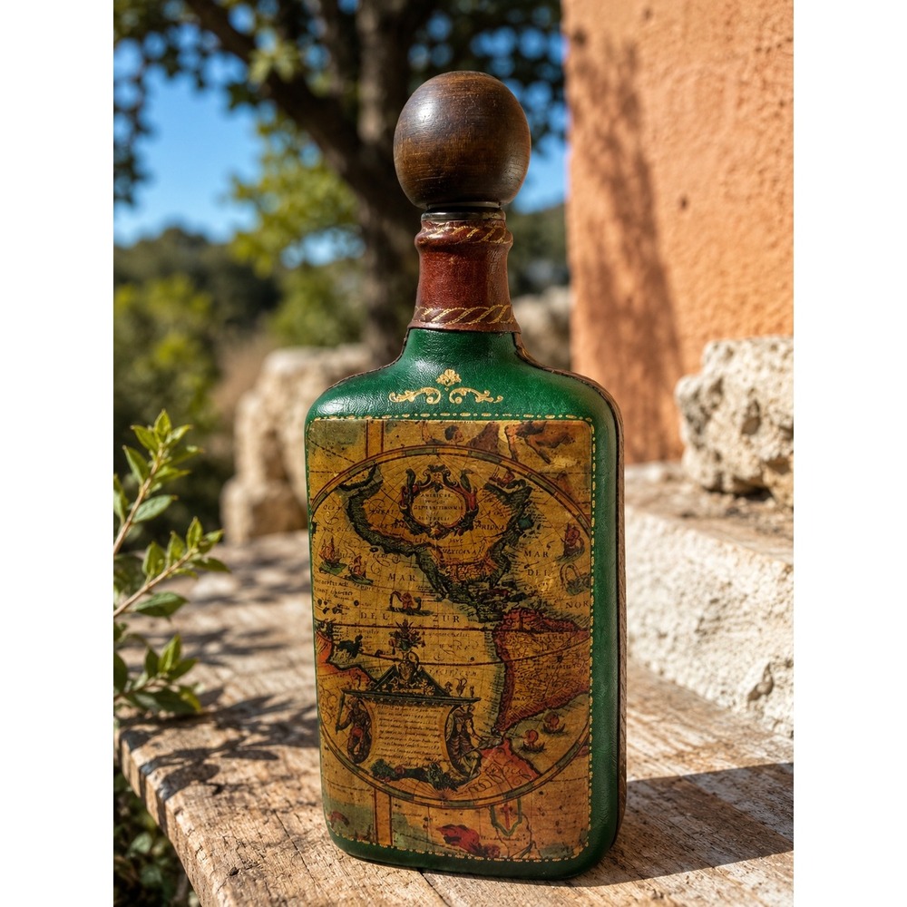 Vintage Italian Style World Map Liquor Decanter Wood Stopper Barware